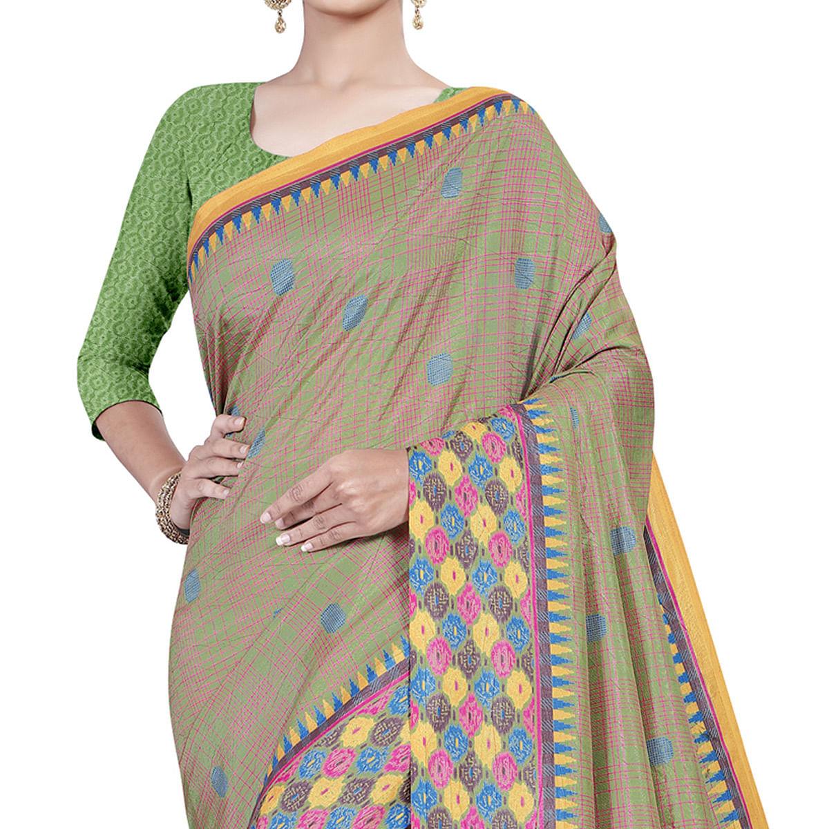 Gorgeous Light Green Colored Casual Wear Printed Cotton Saree - Peachmode