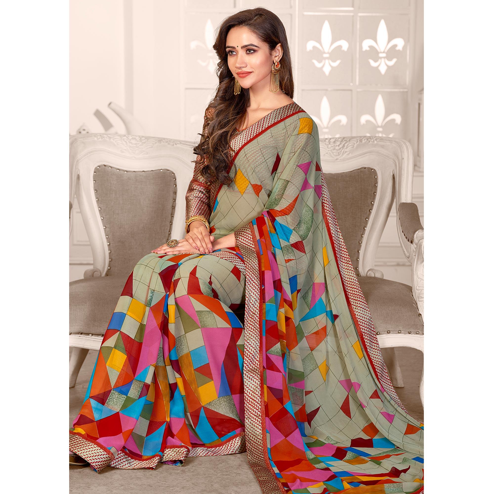 Gorgeous Light Grey Colored Partywear Printed Satin Saree - Peachmode