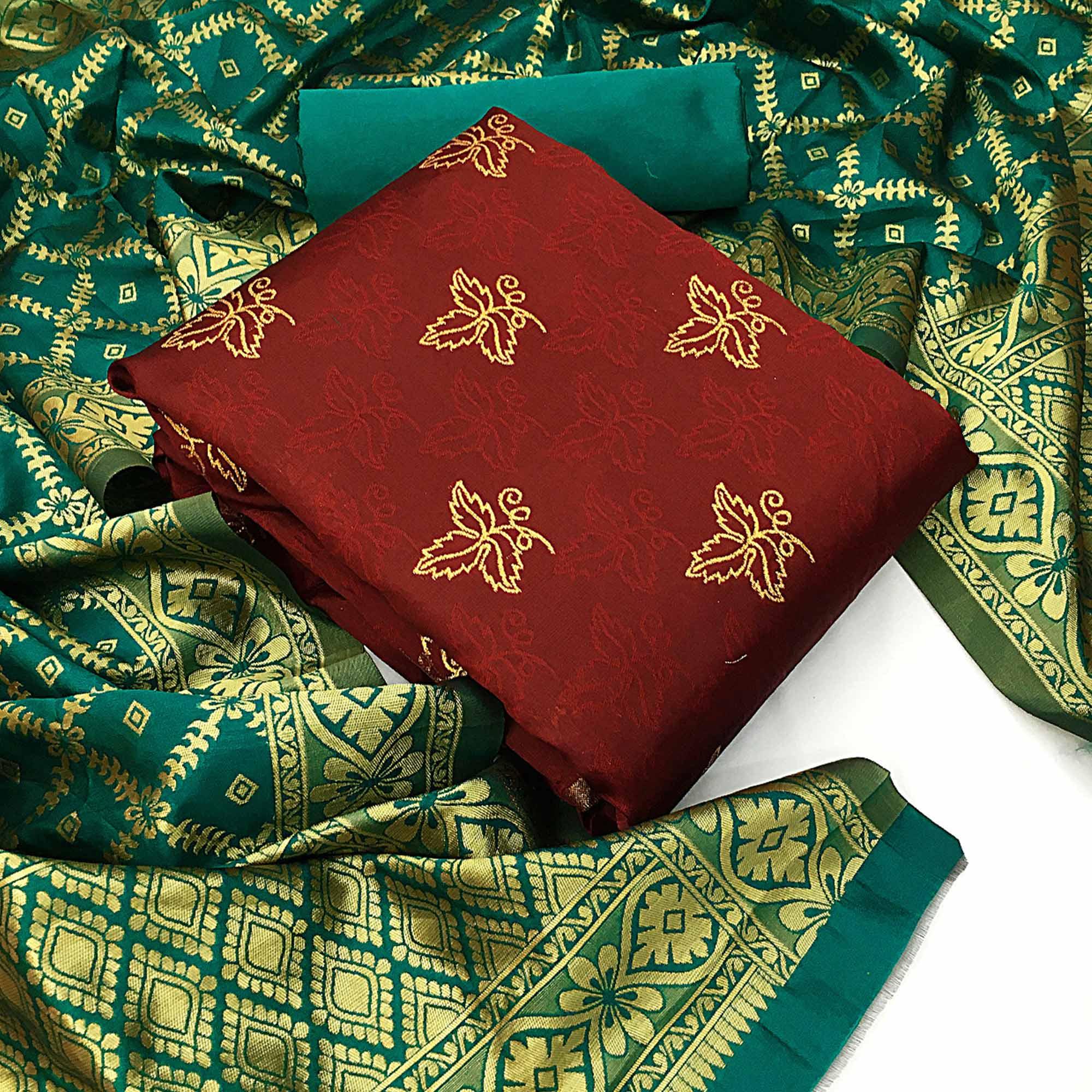 Gorgeous Maroon Colored Casual Woven Banarasi Silk Dress Material - Peachmode