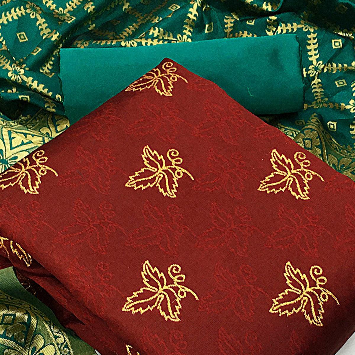 Gorgeous Maroon Colored Casual Woven Banarasi Silk Dress Material - Peachmode