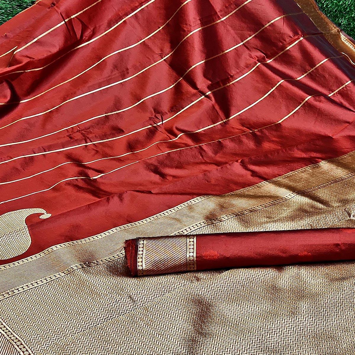 Gorgeous Maroon Colored Festive Wear Woven Kanchipuram Art Silk Saree - Peachmode