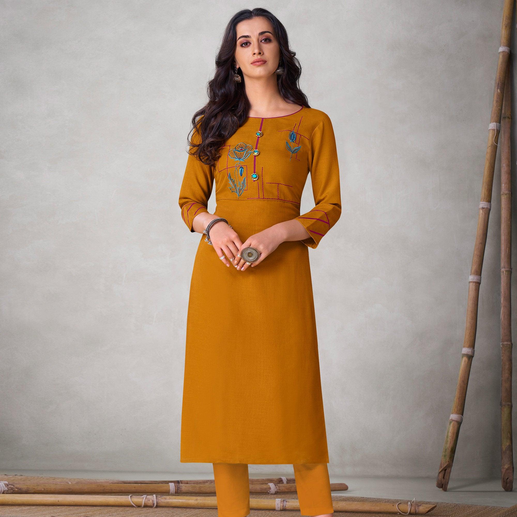 Gorgeous Mustard Yellow Colored Partywear Embroidered Viscose Kurti - Peachmode