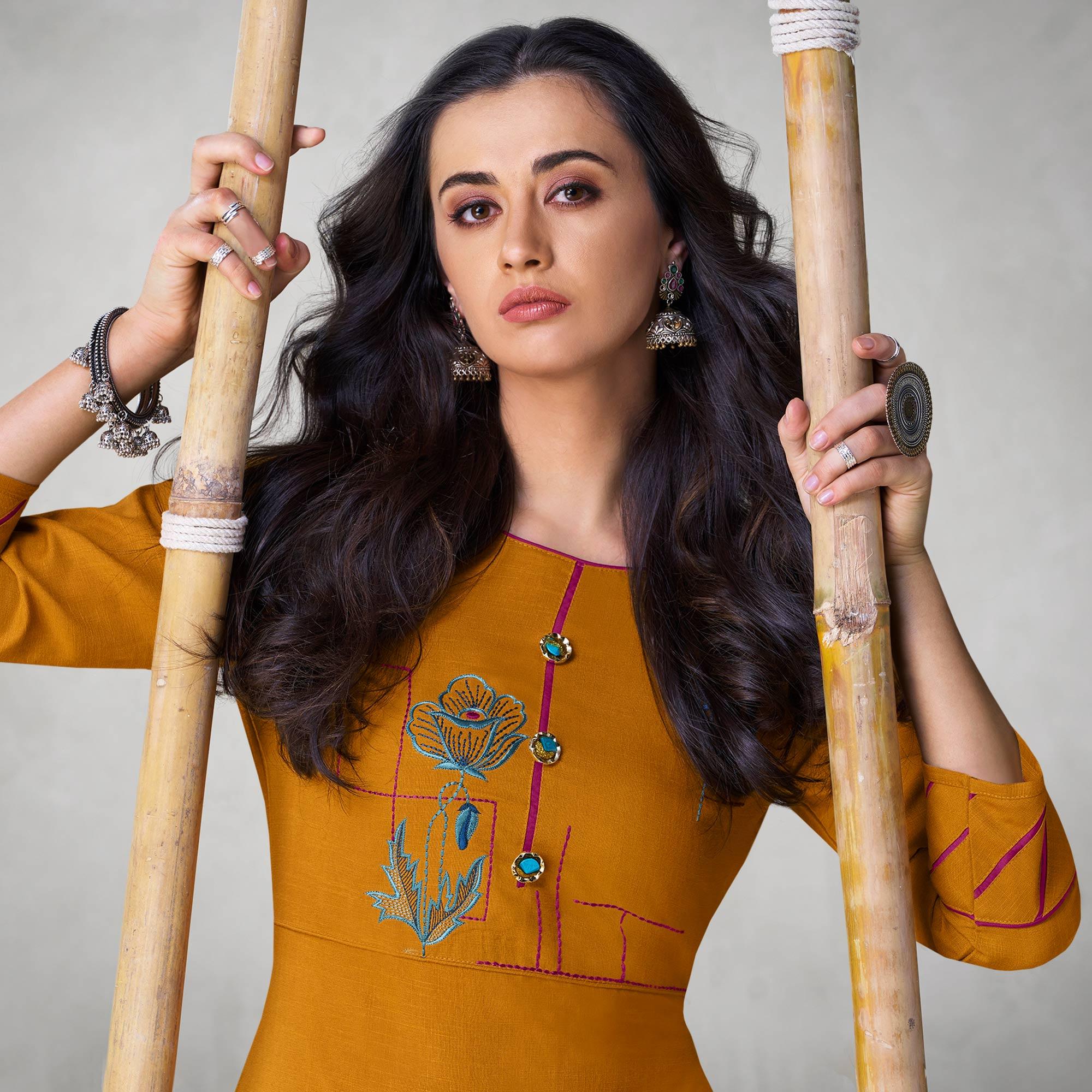 Gorgeous Mustard Yellow Colored Partywear Embroidered Viscose Kurti - Peachmode