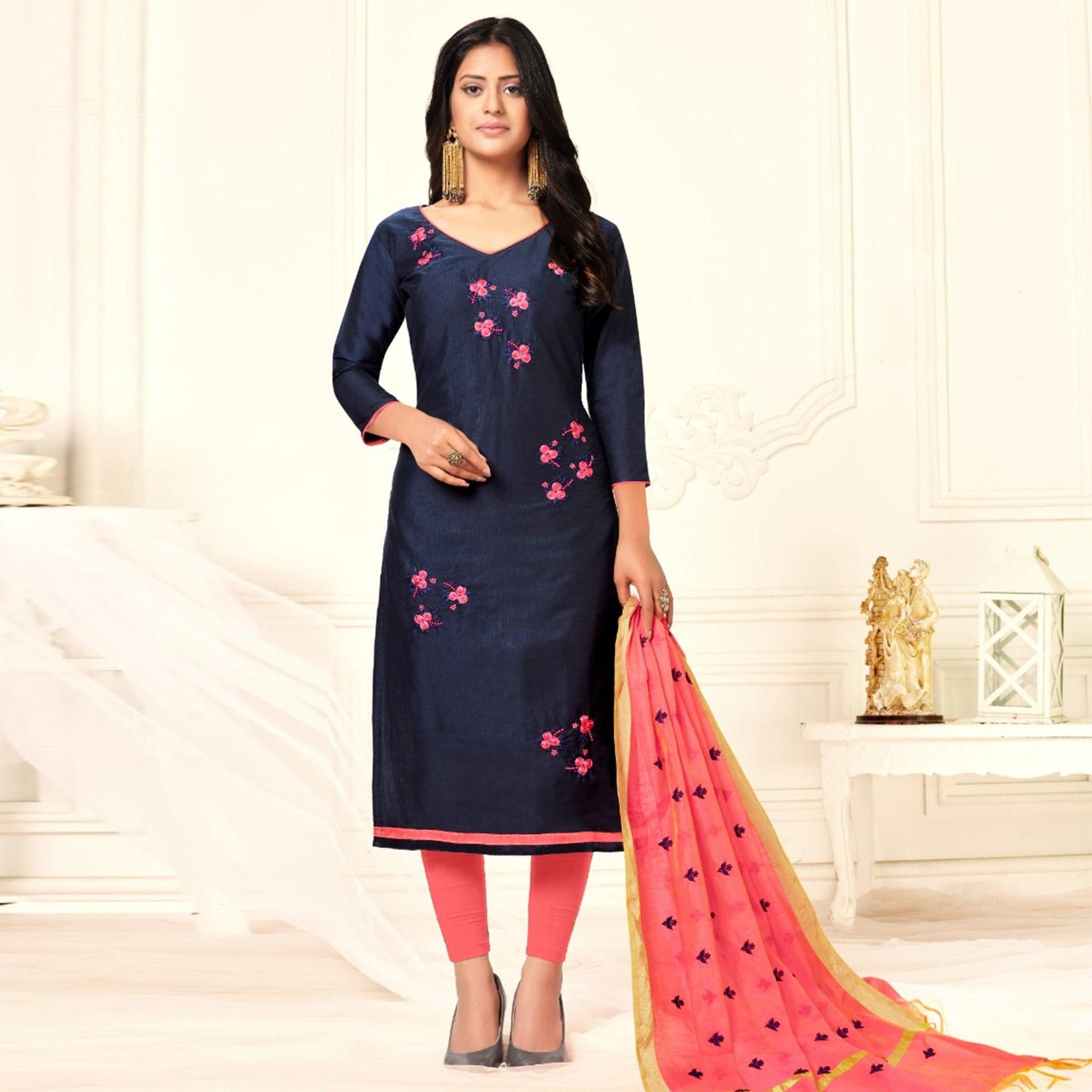 Gorgeous Navy Blue Colored Casual Wear Embroidered Cotton Dress Material - Peachmode