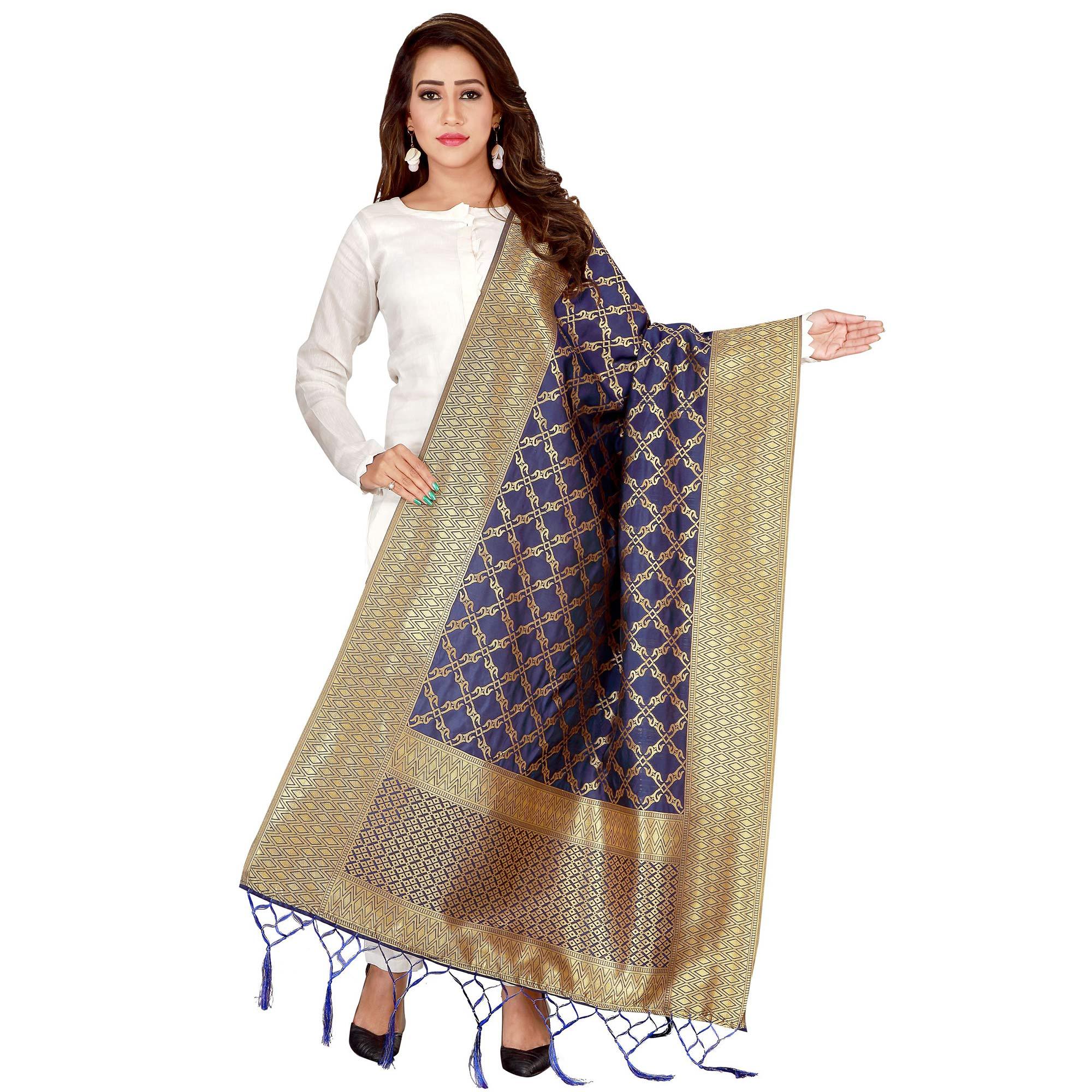 Gorgeous Navy Blue Colored Festive Wear Banarasi Silk Dupatta - Peachmode
