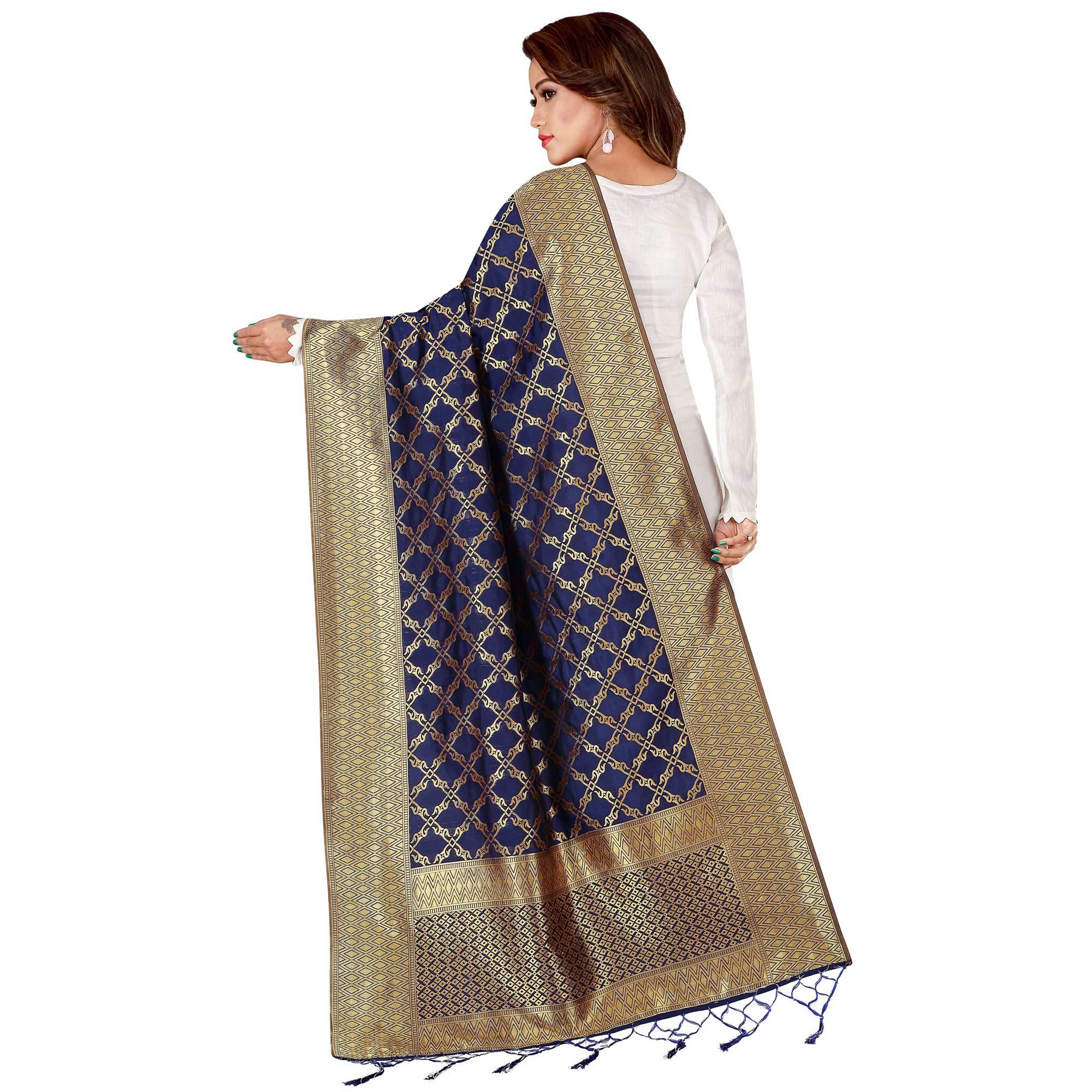 Gorgeous Navy Blue Colored Festive Wear Banarasi Silk Dupatta - Peachmode