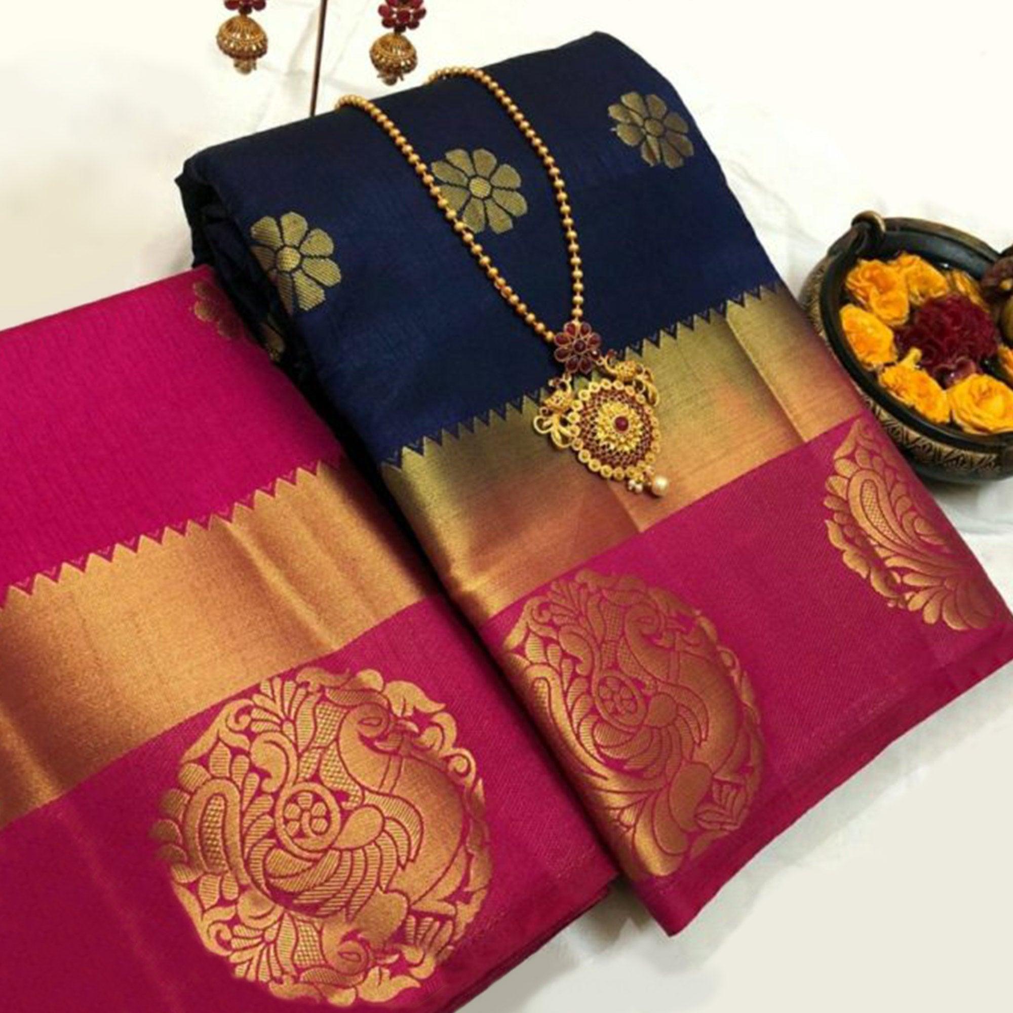 Gorgeous Navy Blue Colored Festive Wear Woven Art Silk Saree - Peachmode