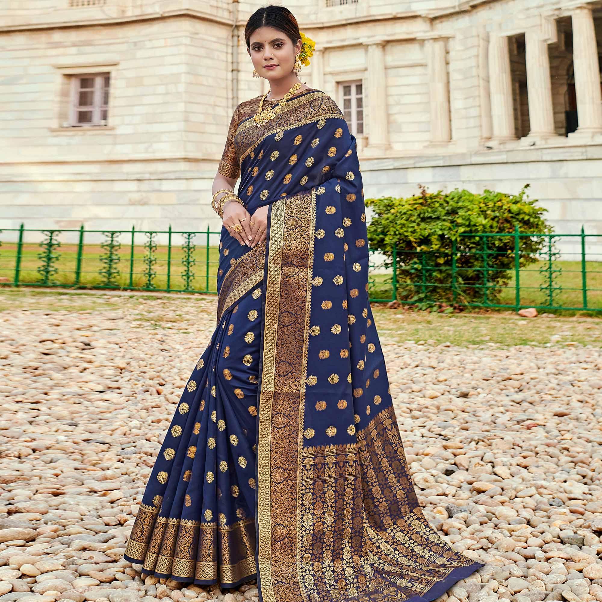 Gorgeous Navy Blue Colored Festive Wear Woven Silk Saree - Peachmode