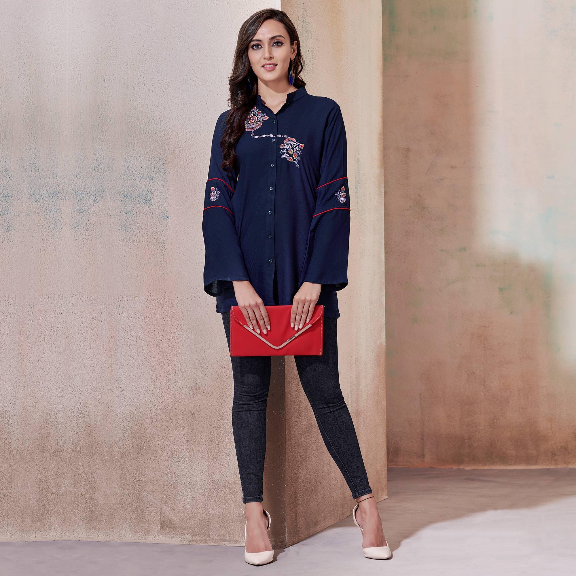 Gorgeous Navy Blue Colored Partywear Embroidered Rayon Western Top - Peachmode