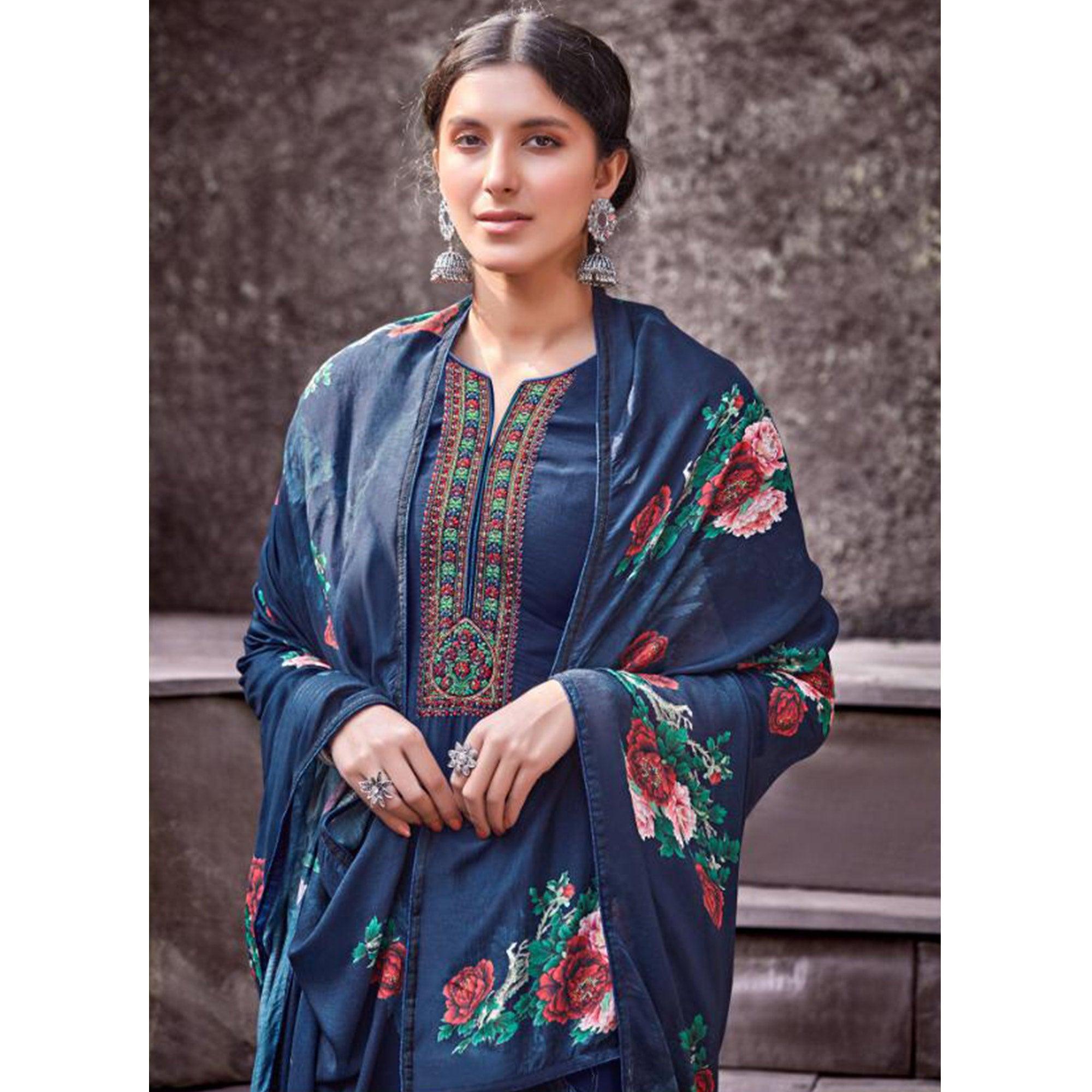 Gorgeous Navy Blue Colored Partywear Printed Viscose Muslin Suit - Peachmode