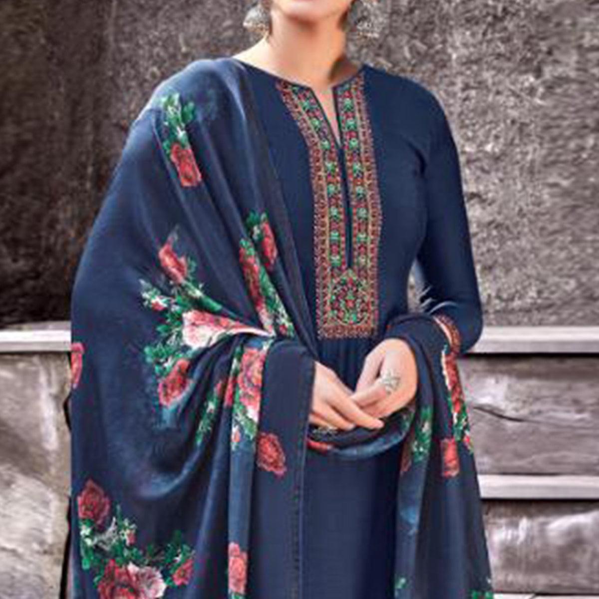 Gorgeous Navy Blue Colored Partywear Printed Viscose Muslin Suit - Peachmode