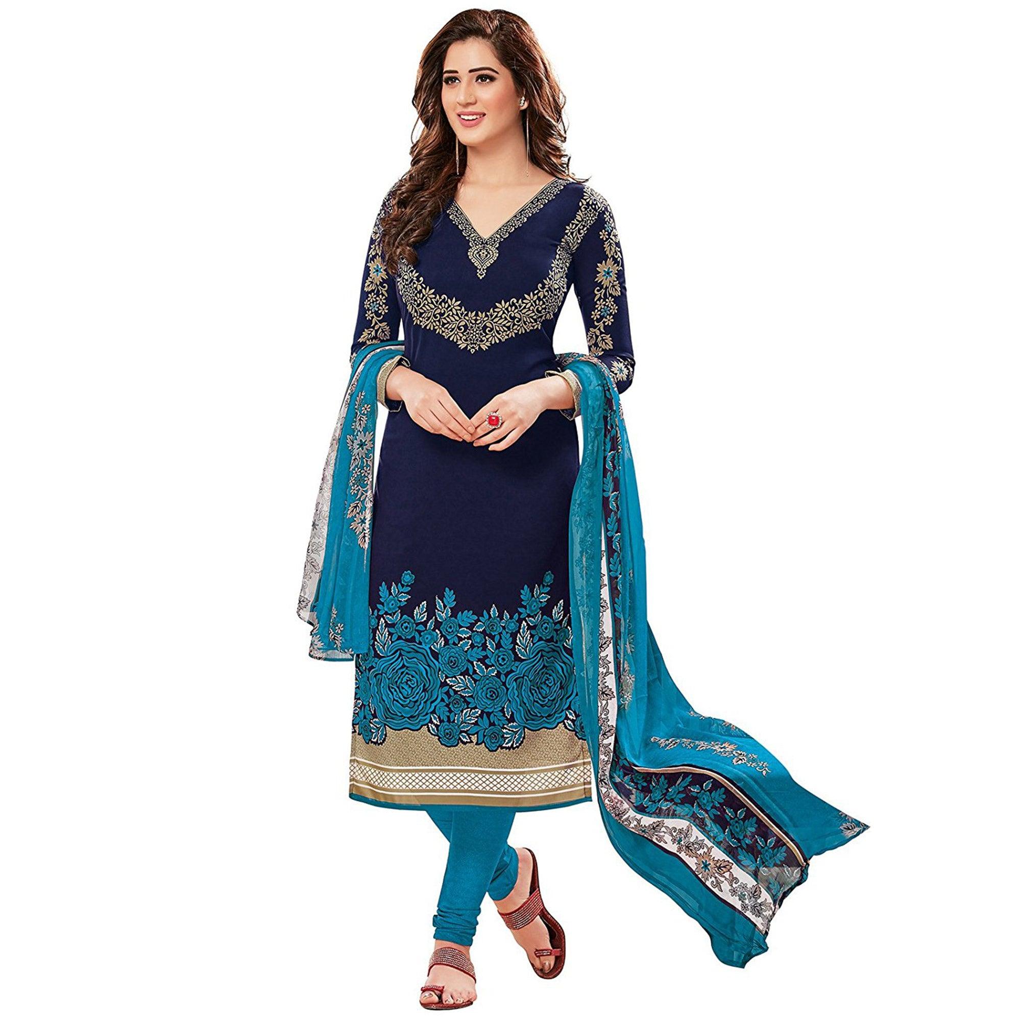 Gorgeous Navy Blue Colored Printed Crape Dress Material - Peachmode