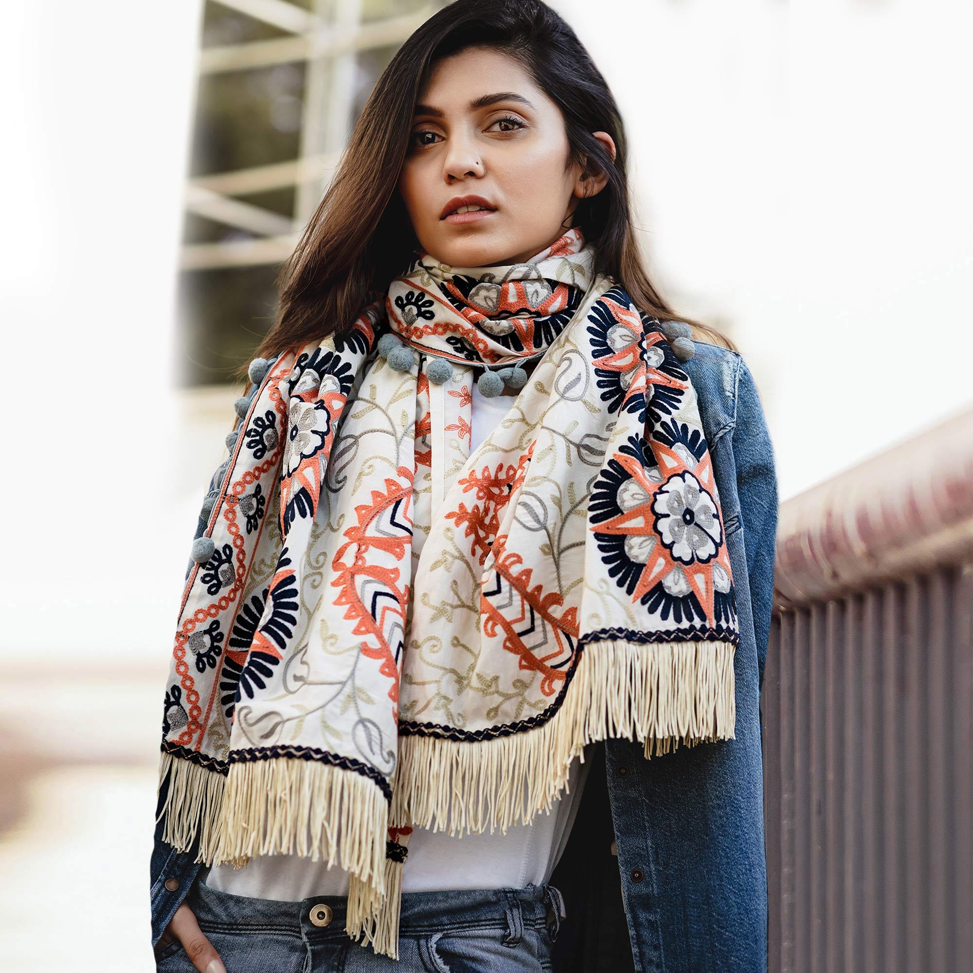 Gorgeous Offwhite Colored Embroidered Khadi Muffler Stole - Peachmode