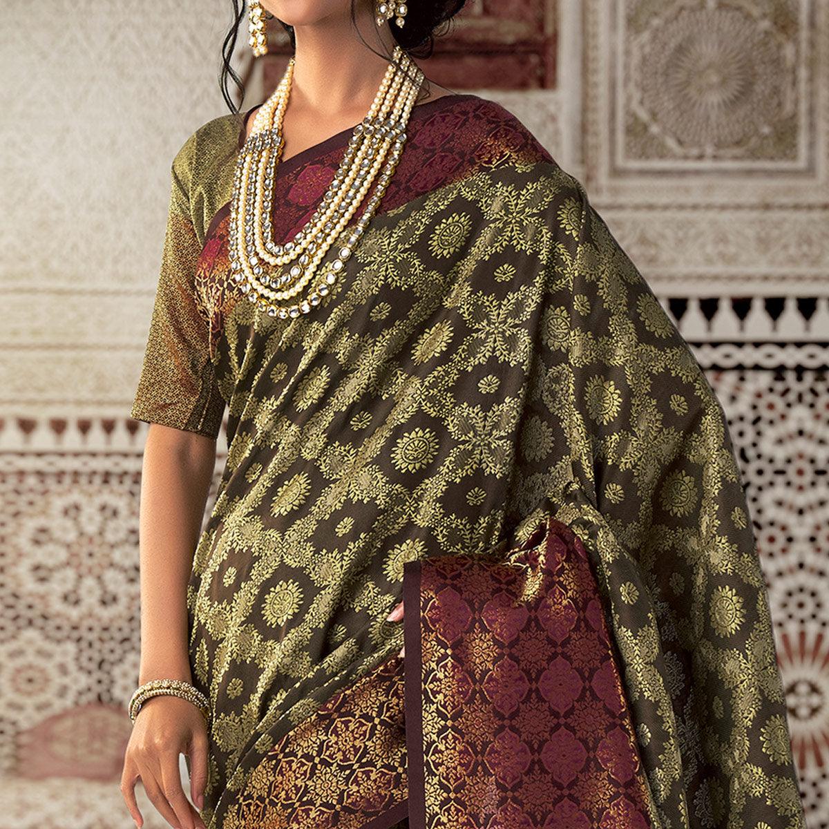 Gorgeous Olive Green Colored Festive Wear Woven Silk Saree - Peachmode