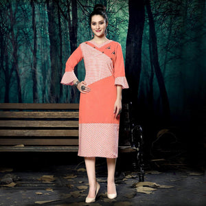 Gorgeous Orange Colored Casual Wear Handloom Stripe Printed Linen Cotton Kurti - Peachmode