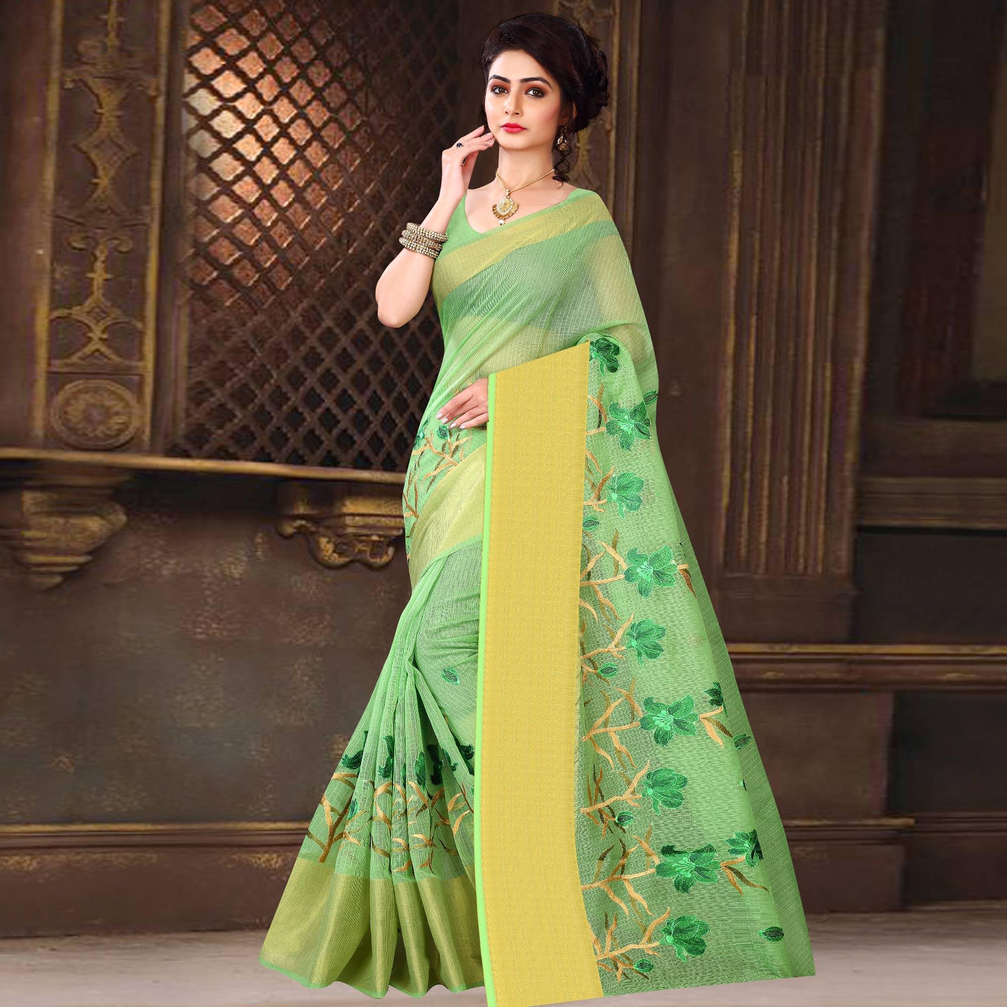 Gorgeous Parrot Green Colored Casual Wear Printed Net Saree - Peachmode