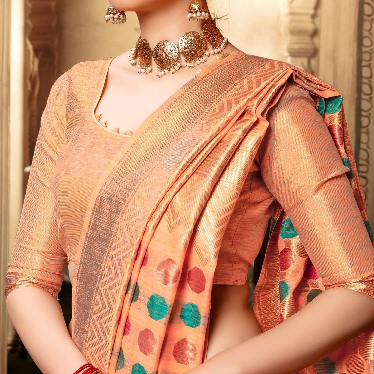 Gorgeous Peach Colored Festive Wear Woven Cotton Silk Saree - Peachmode