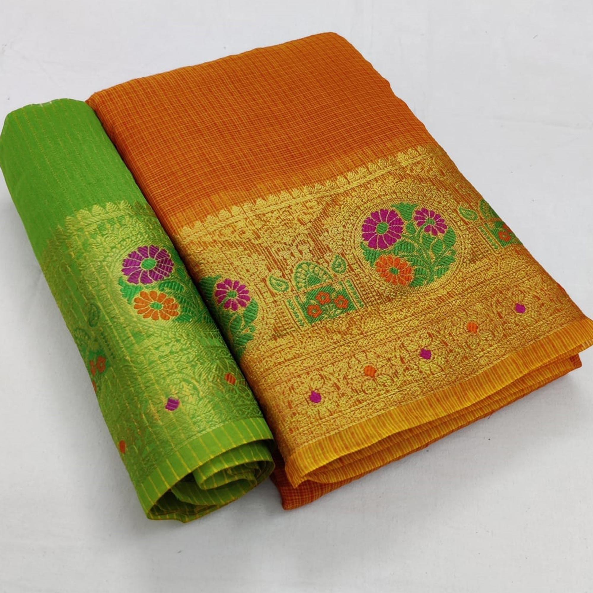 Gorgeous Peach Colored Festive Wear Woven Heavy Cotton Saree - Peachmode