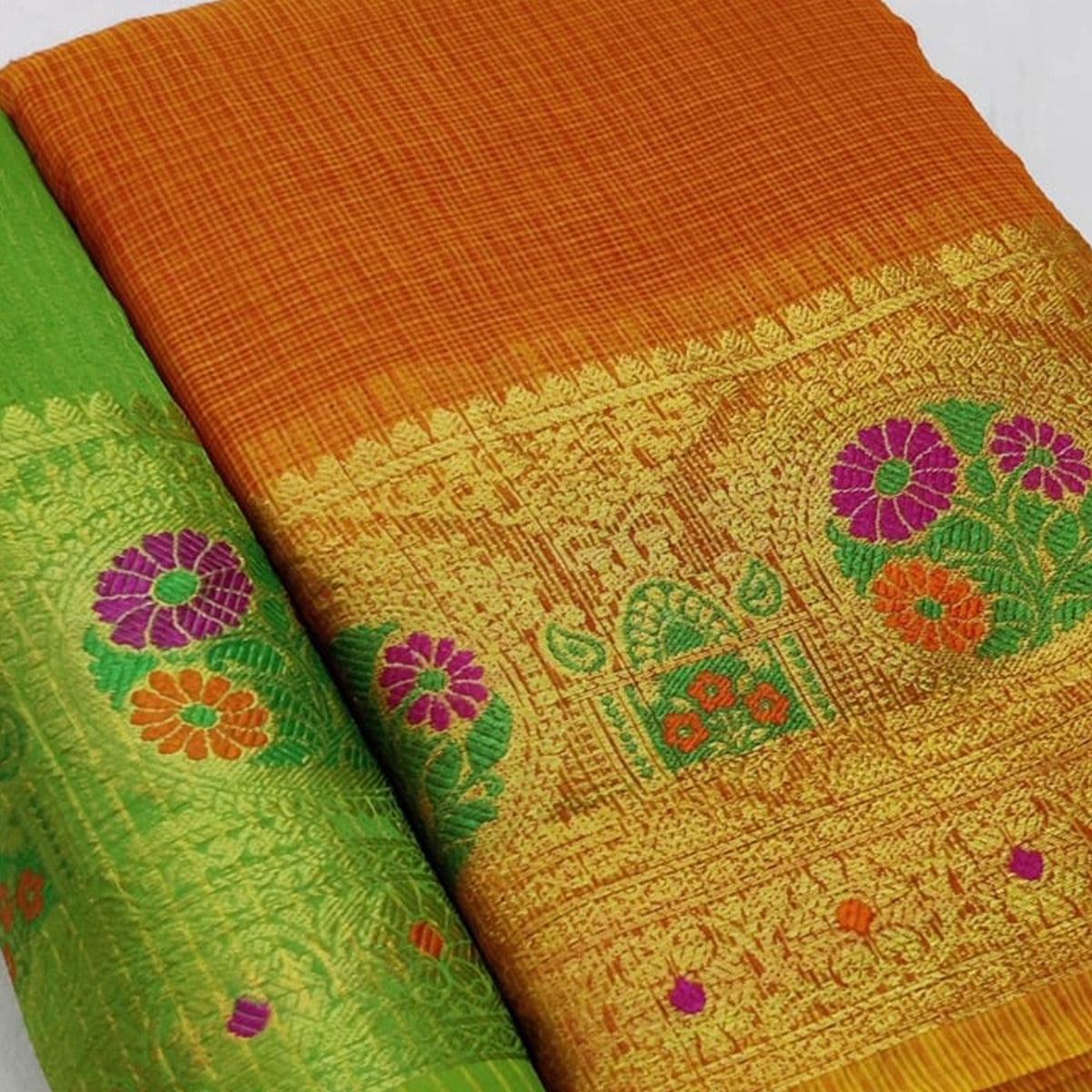 Gorgeous Peach Colored Festive Wear Woven Heavy Cotton Saree - Peachmode