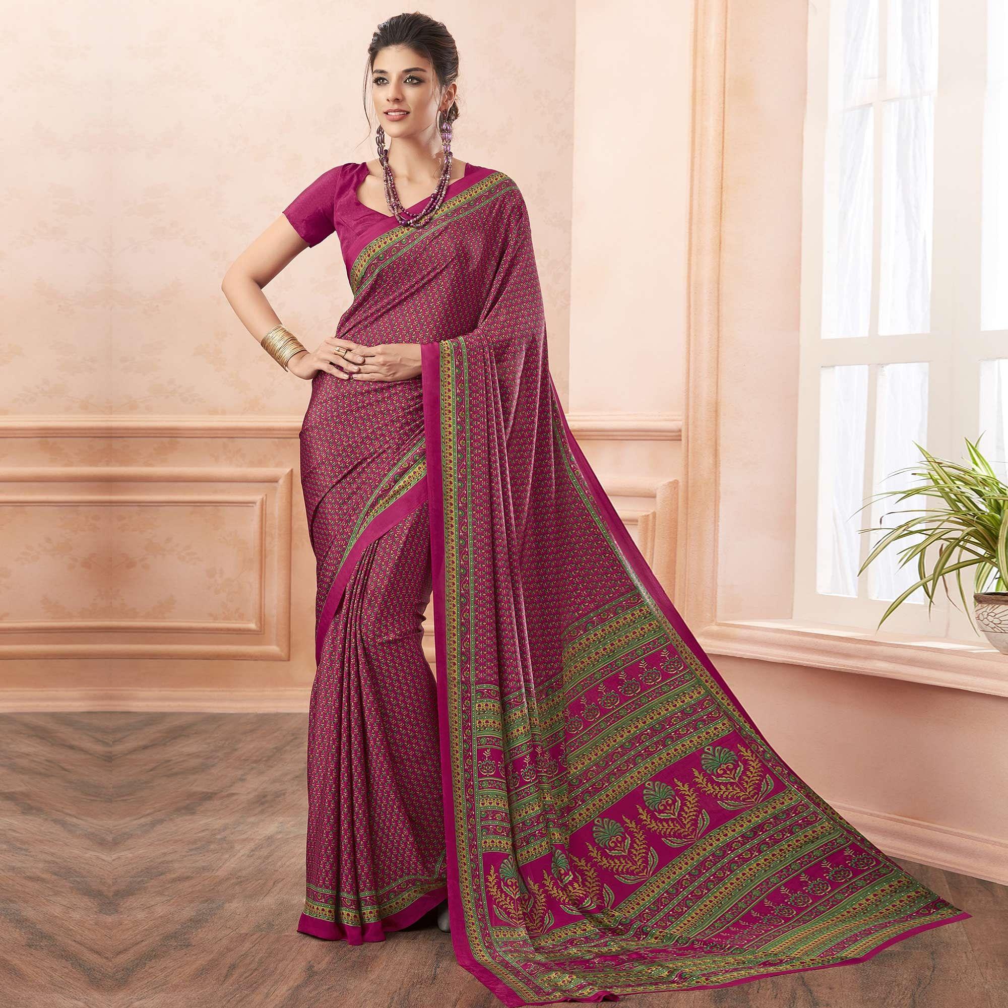 Pink Colored Casual Printed Pure Crepe Saree