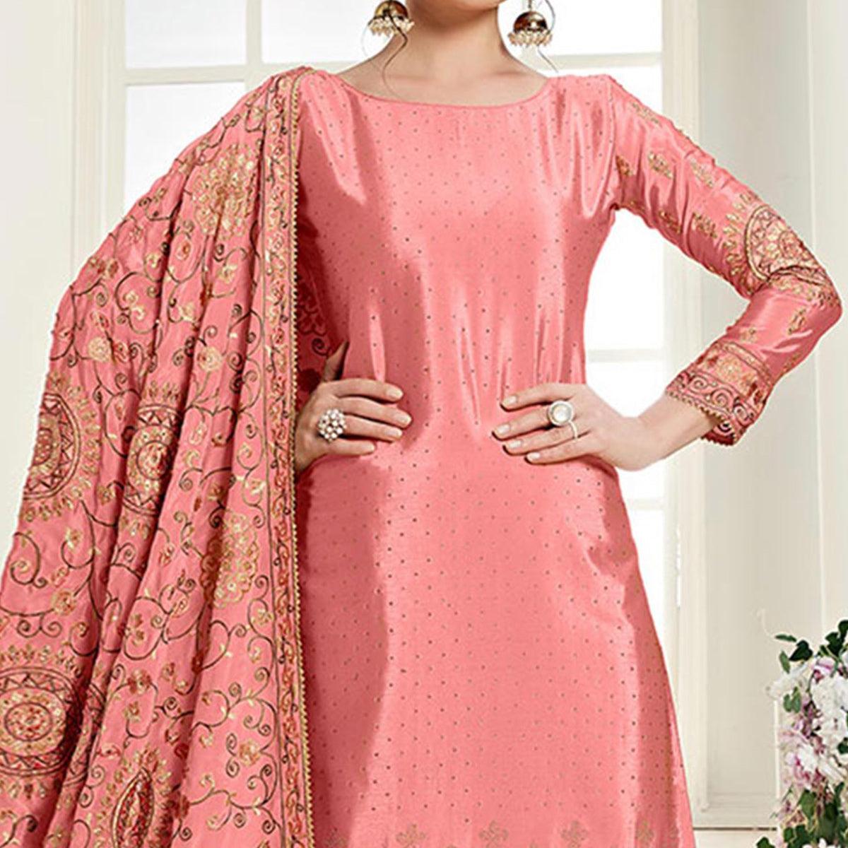 Gorgeous Pink Colored Partywear Embroidered Chiffon Palazzo Suit - Peachmode