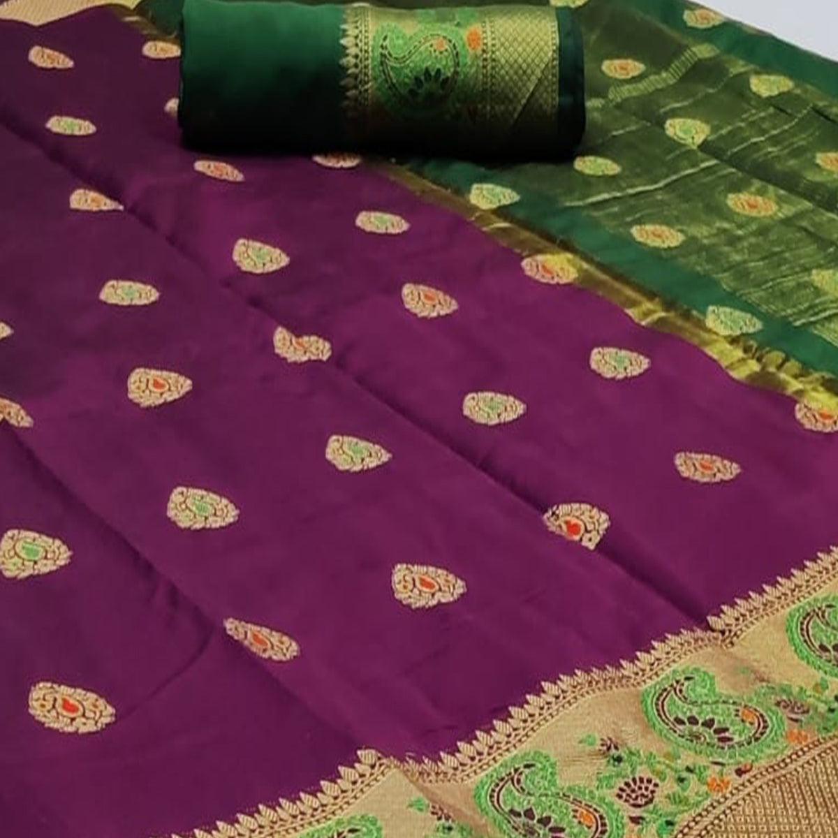 Gorgeous Purple Colored Festive Wear Woven Soft Silk Saree - Peachmode
