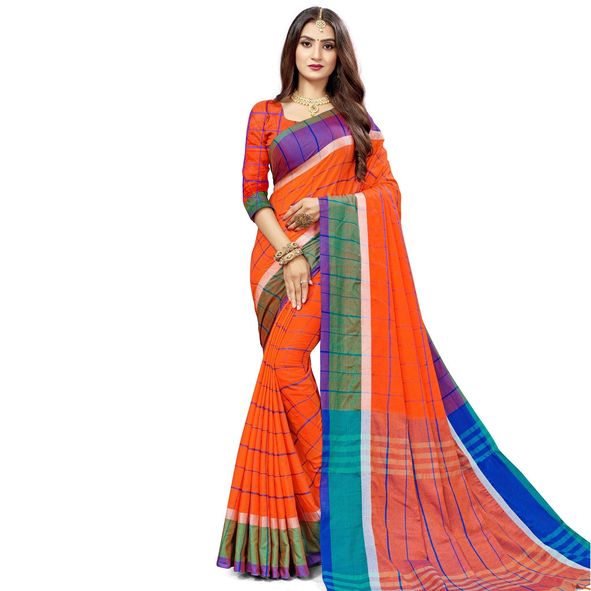 Gorgeous Red Colored Festive Wear Stripe Printed Cotton Silk Saree With Tassels - Peachmode