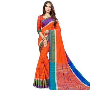 Gorgeous Red Colored Festive Wear Stripe Printed Cotton Silk Saree With Tassels - Peachmode
