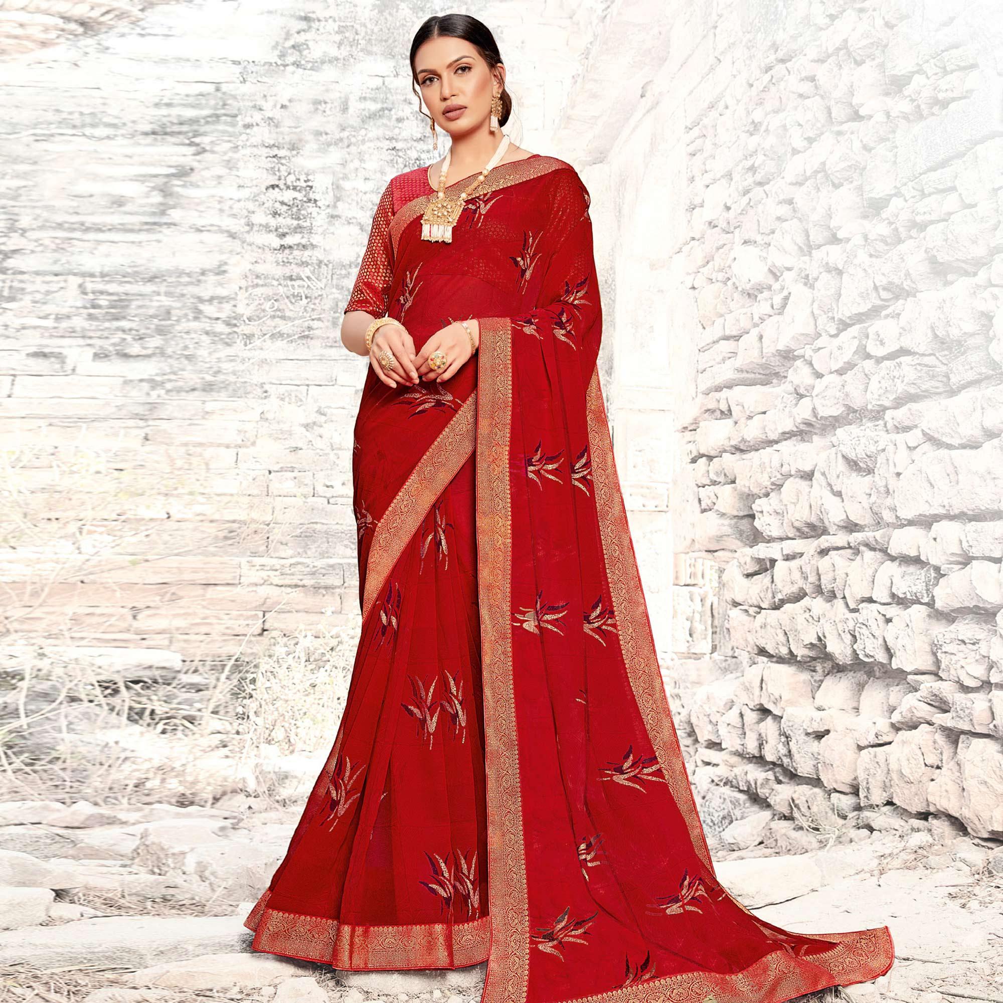 Gorgeous Red Coloured Partywear Printed Georgette Saree - Peachmode