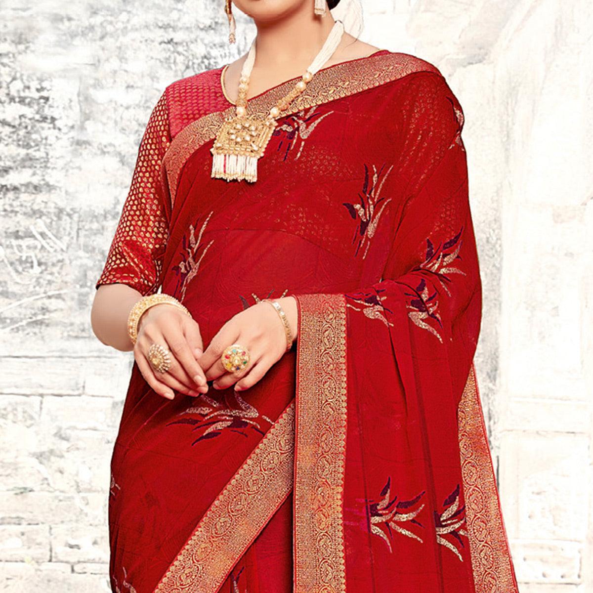 Gorgeous Red Coloured Partywear Printed Georgette Saree - Peachmode