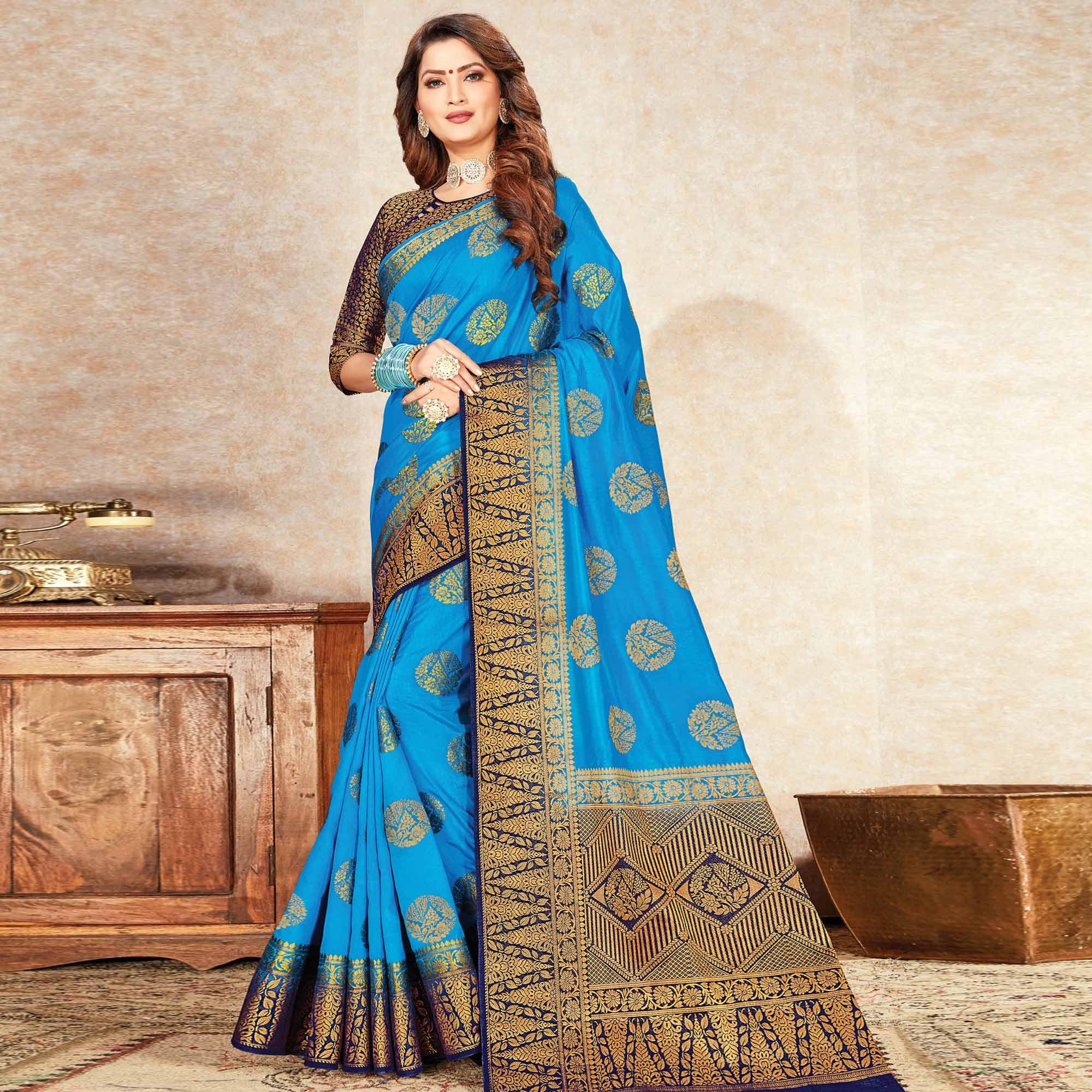 Gorgeous Sky Blue Colored Festive Wear Woven Cotton Silk Saree - Peachmode