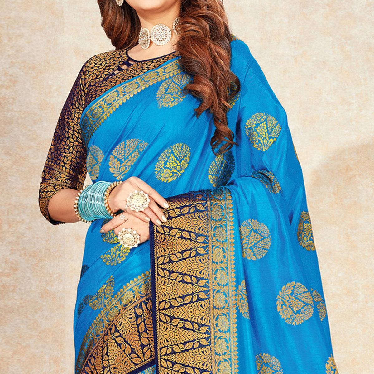 Gorgeous Sky Blue Colored Festive Wear Woven Cotton Silk Saree - Peachmode