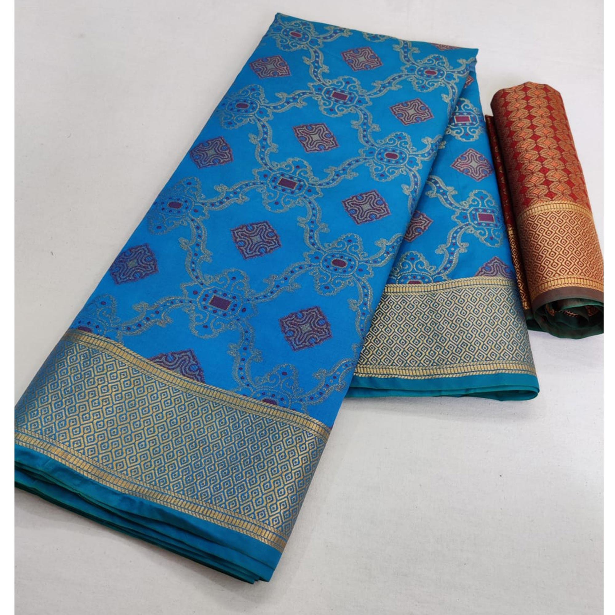 Gorgeous Sky Blue Colored Festive Wear Woven Silk Saree - Peachmode
