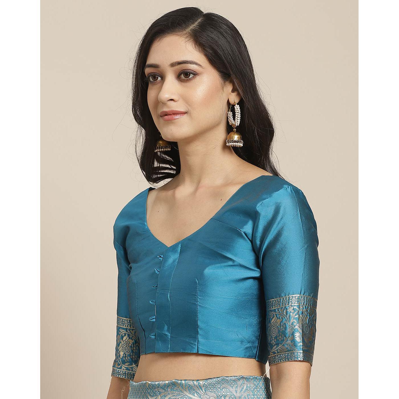 Gorgeous Teal Blue Colored Festive Wear Woven Silk Blend Saree - Peachmode