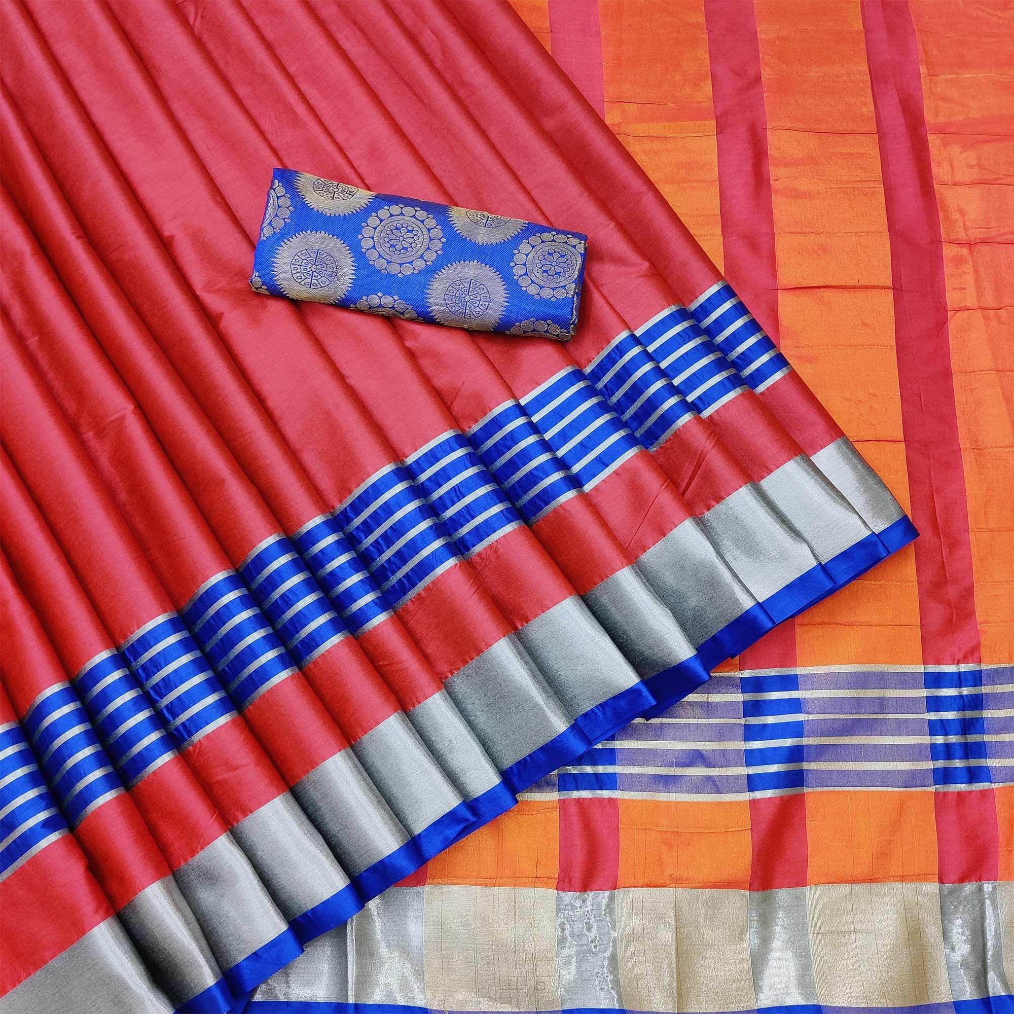 Gorgeous Tomato Red Coloured Casual Wear Zari Border Cotton Saree - Peachmode