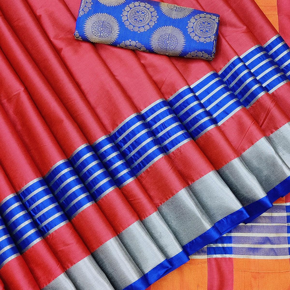 Gorgeous Tomato Red Coloured Casual Wear Zari Border Cotton Saree - Peachmode