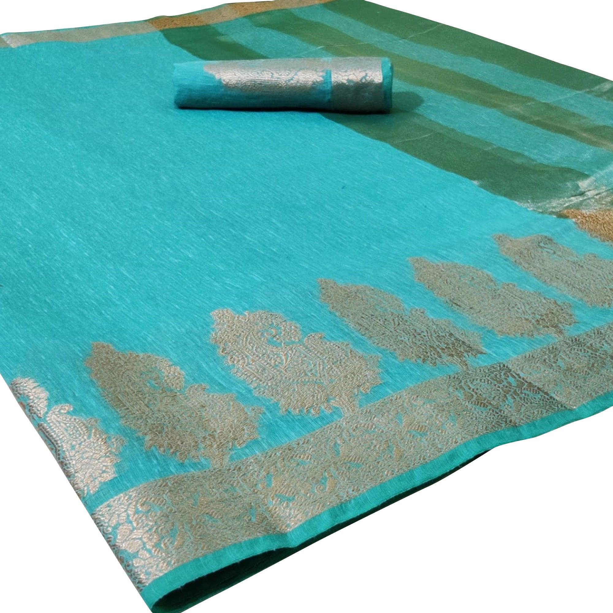 Gorgeous Turquoise Blue Colored Festive Wear Woven Silk Saree - Peachmode