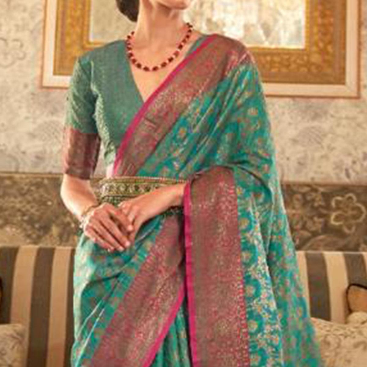 Gorgeous Turquoise Green Colored Festive Wear Woven Silk Saree - Peachmode