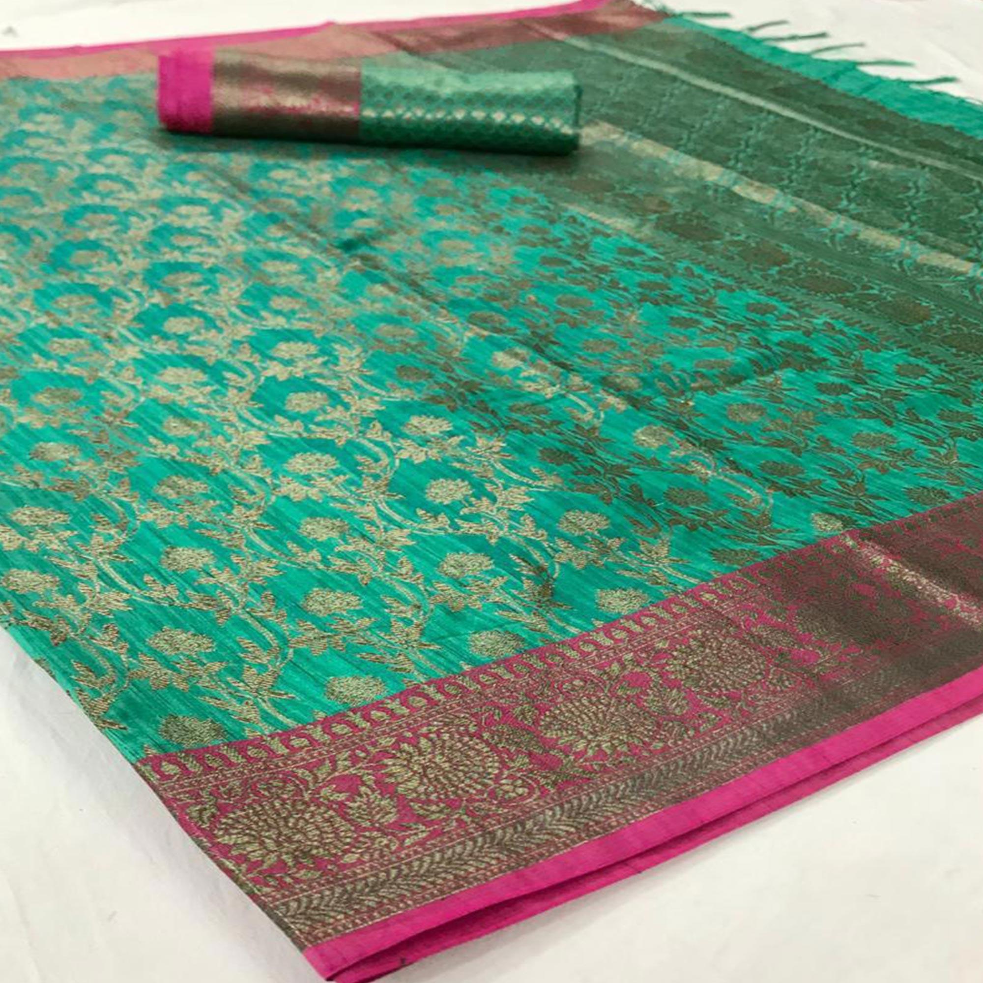 Gorgeous Turquoise Green Colored Festive Wear Woven Silk Saree - Peachmode
