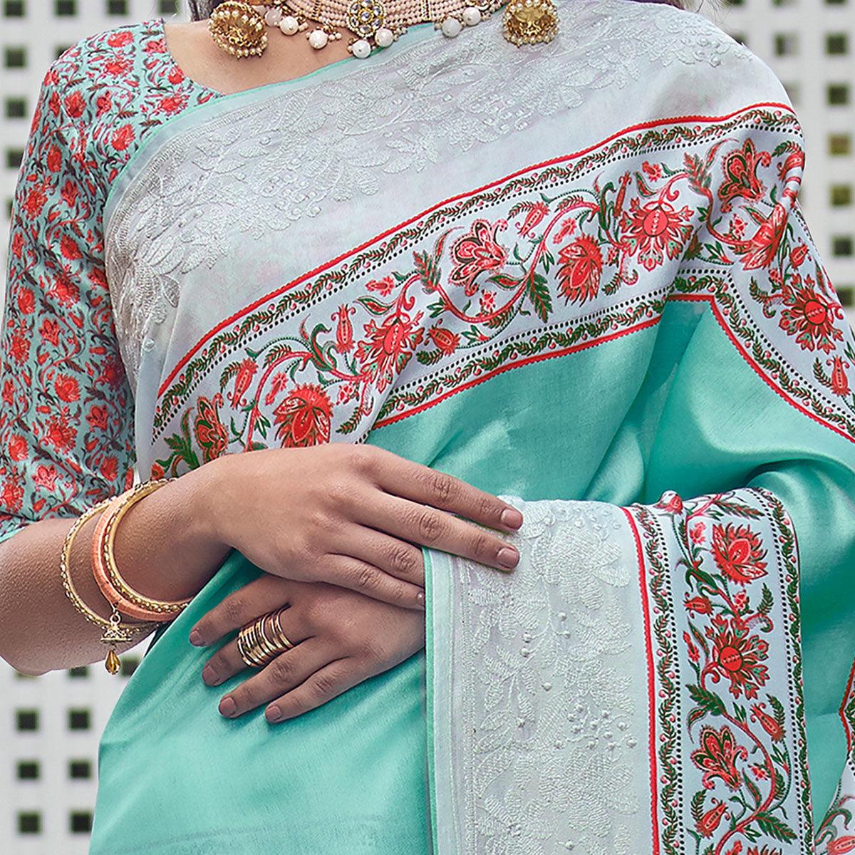 Gorgeous Turquoise Green Colored Partywear Embroidered Silk Saree - Peachmode