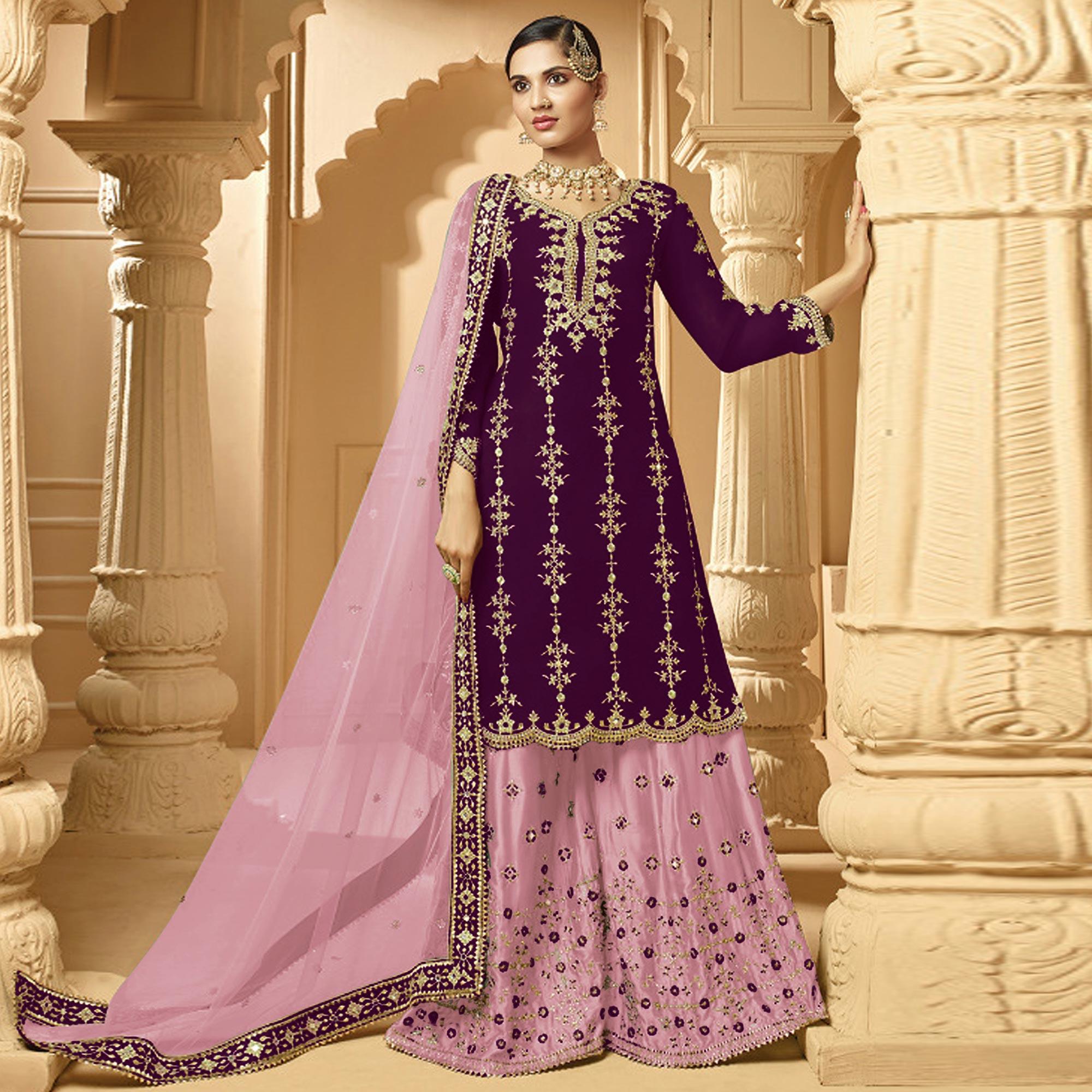 Gorgeous Violet Colored Partywear Embroidered Faux Georgette Palazzo suit - Peachmode