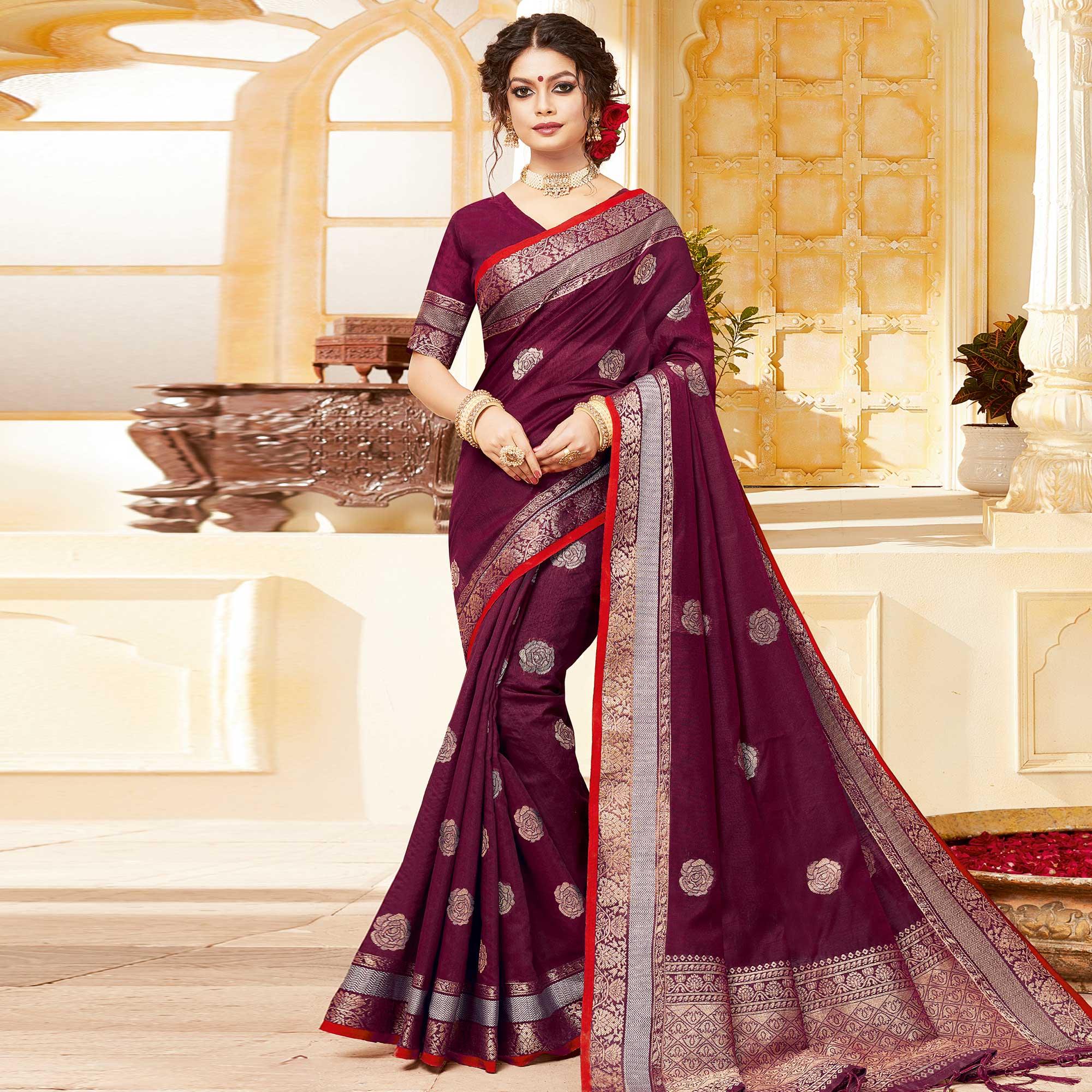 Gorgeous Wine Colored Festive Wear Woven Cotton Handloom Saree - Peachmode