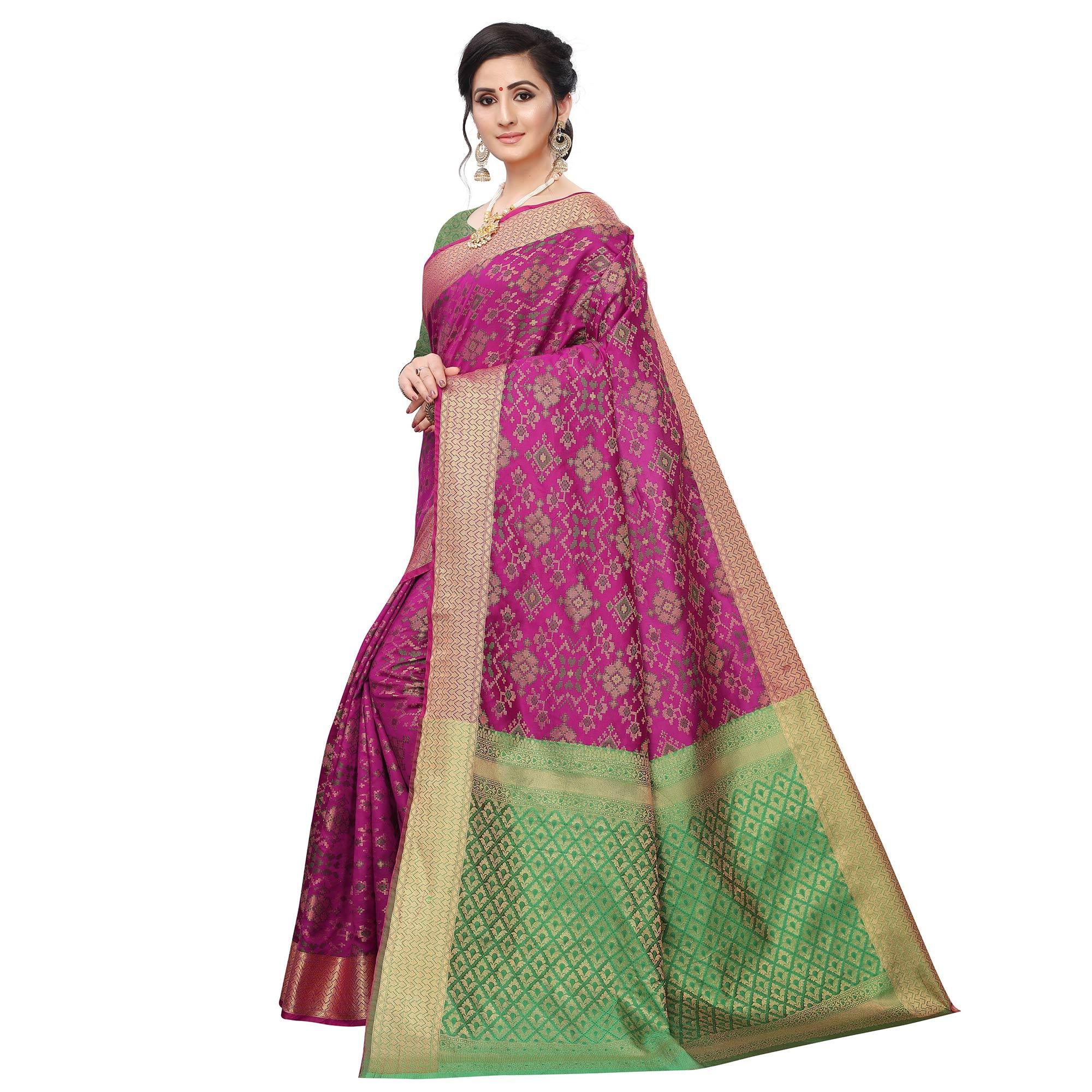 Gorgeous Wine Colored Festive Wear Woven Kanjivaram Silk Saree - Peachmode