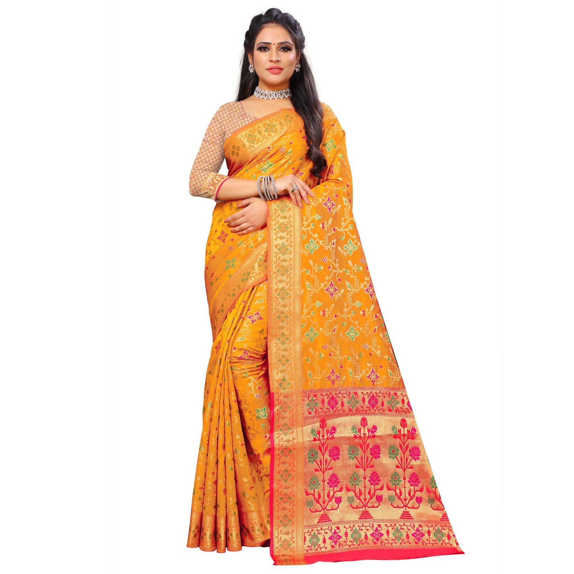 Gorgeous Yellow Colored Festive Wear Woven Silk Saree - Peachmode