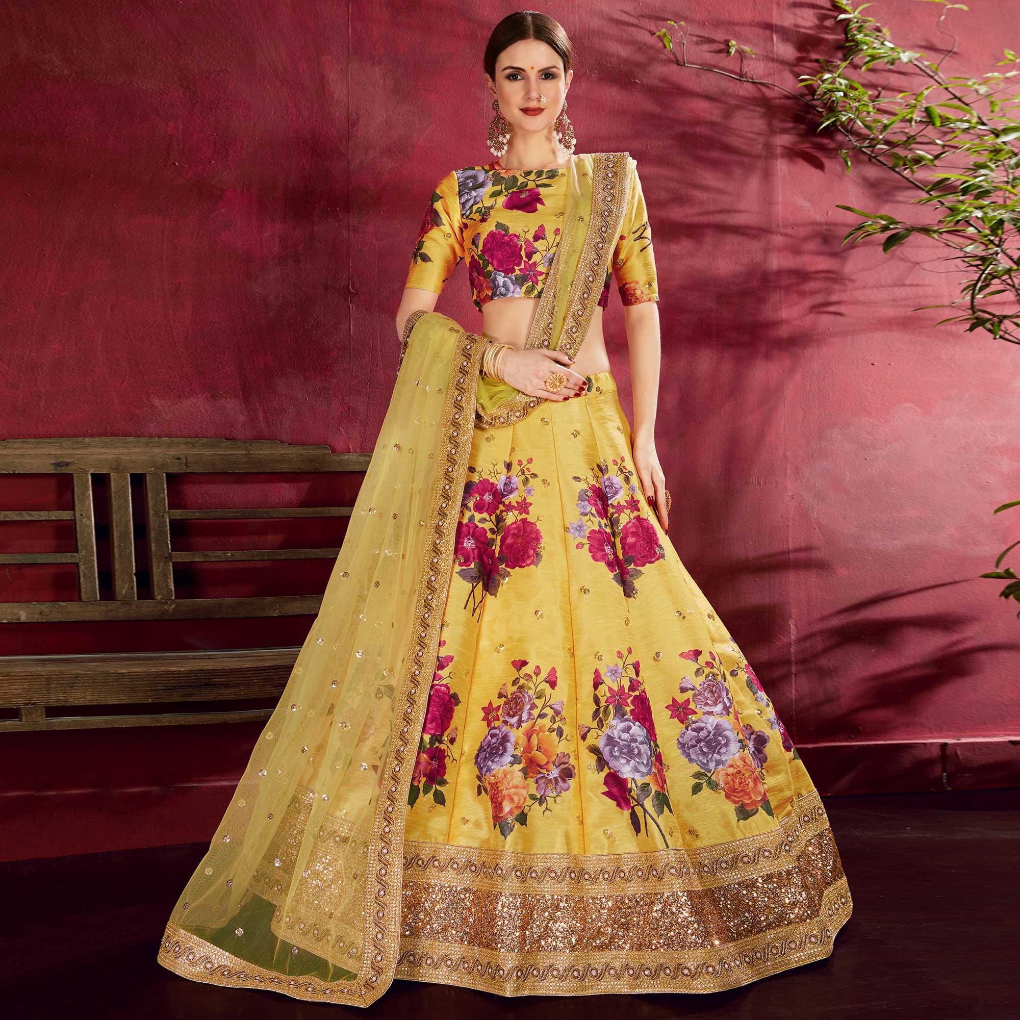 Gorgeous Yellow Colored Partywear Designer Embroidered Art Silk Lehenga Choli - Peachmode