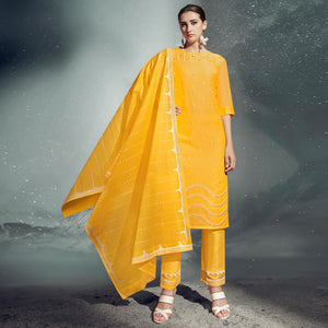 Gorgeous Yellow Colored Partywear Embroidered Cotton Kurti-Pant Set With Dupatta - Peachmode
