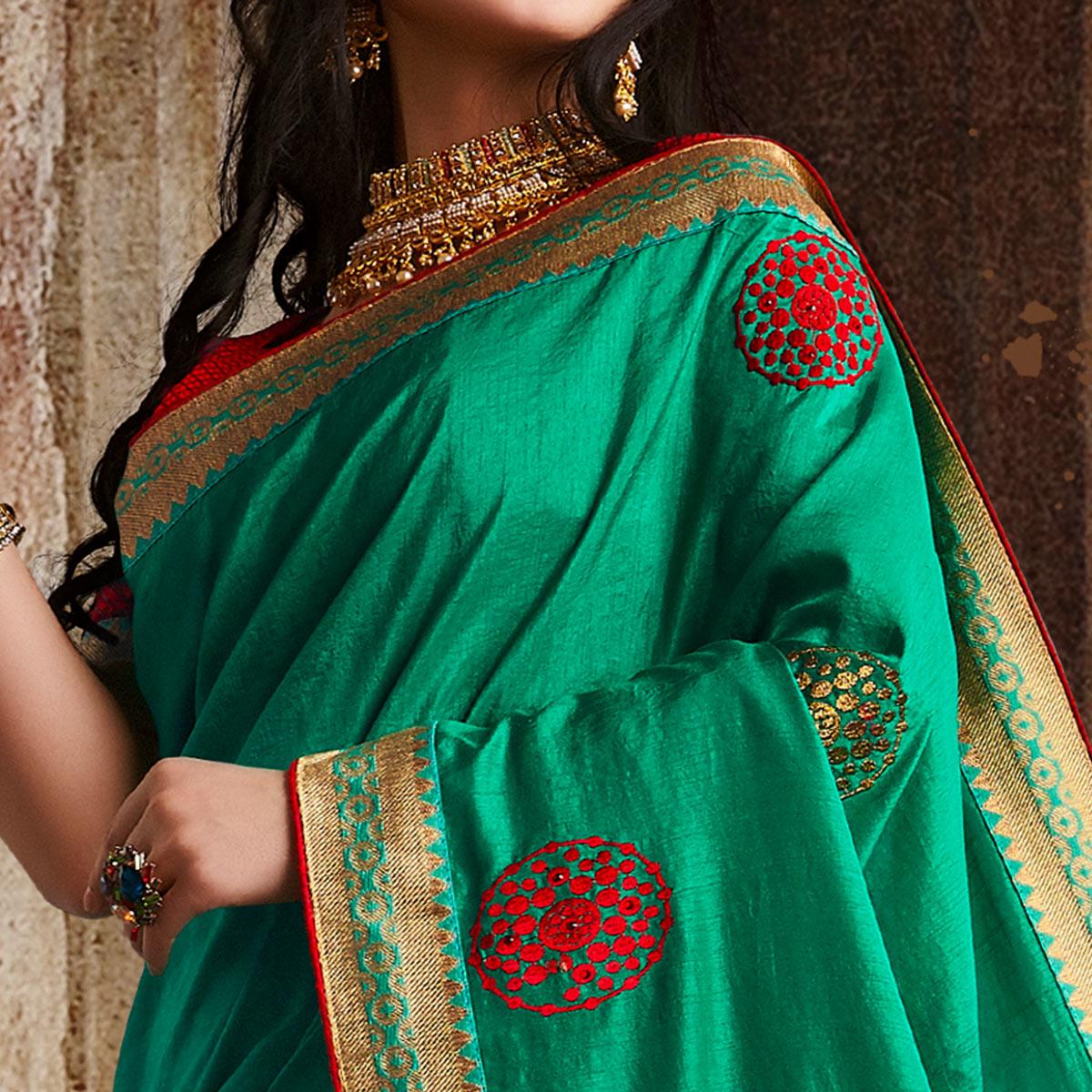Graceful Aqua Green Colored Partywear Embroidered Silk Saree - Peachmode
