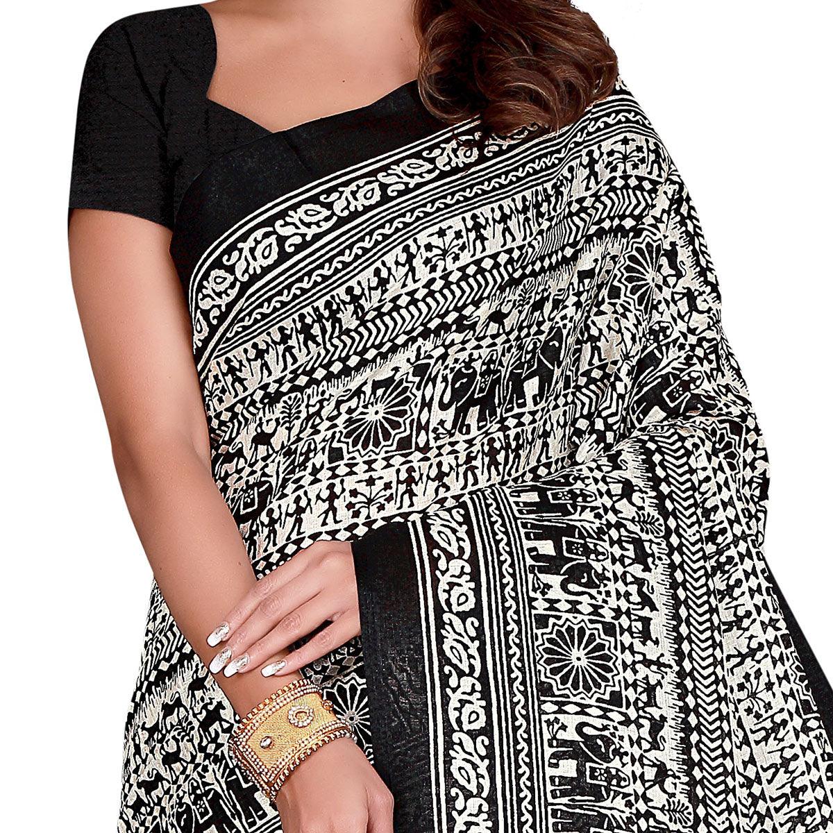 Graceful Black Colored Casual Wear Printed Art Silk Saree With Tassels - Peachmode