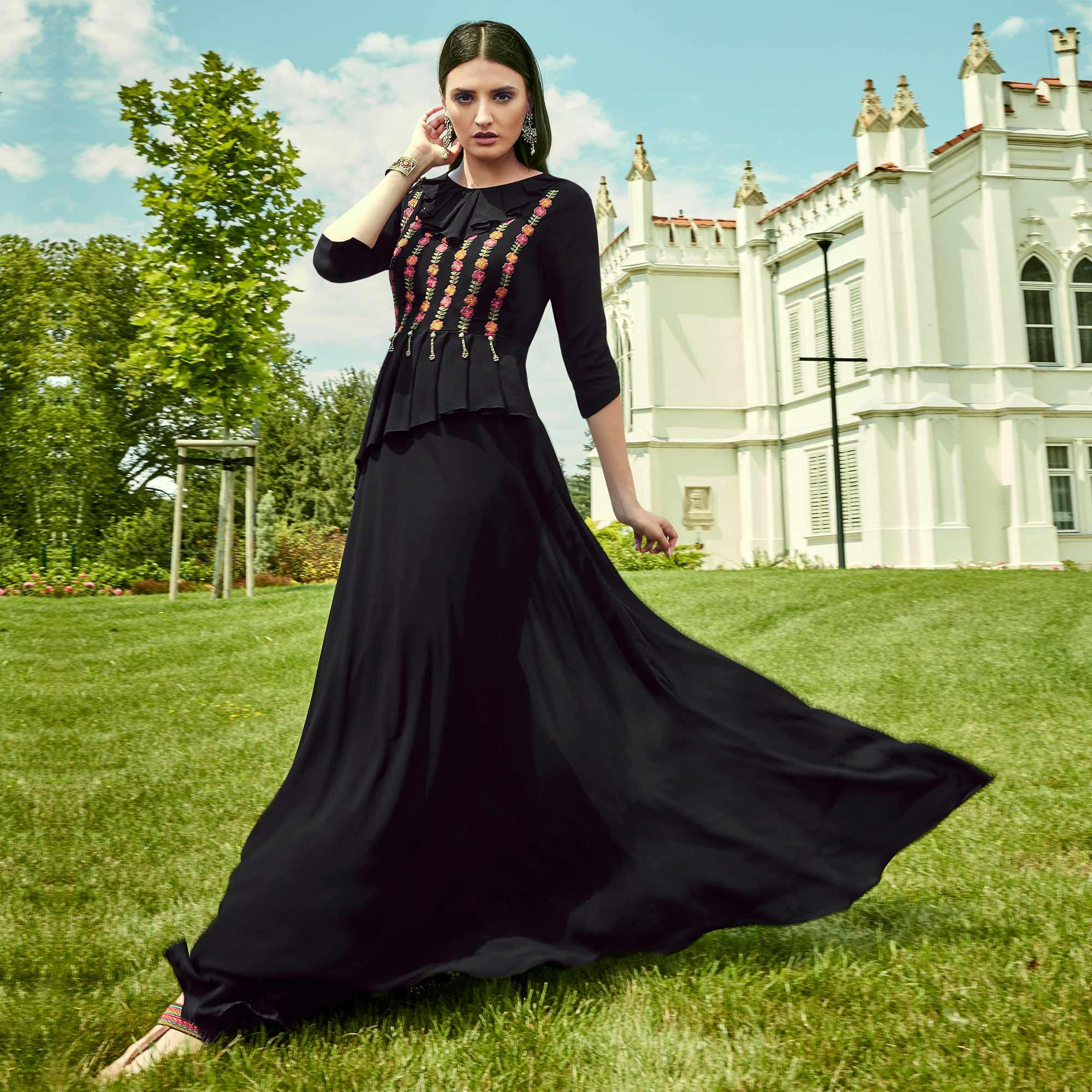 Graceful Black Colored Party Wear Floral Embroidered Georgette Gown - Peachmode