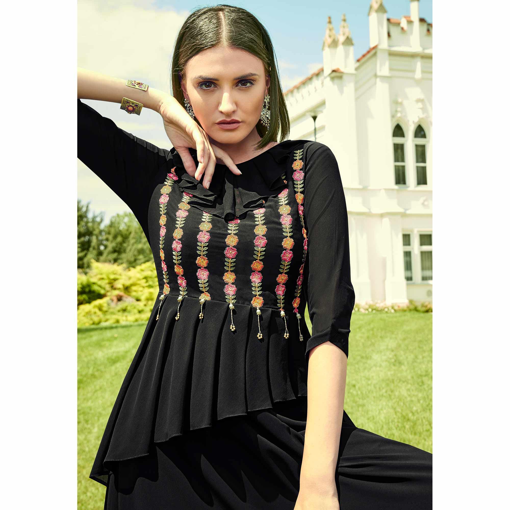 Graceful Black Colored Party Wear Floral Embroidered Georgette Gown - Peachmode